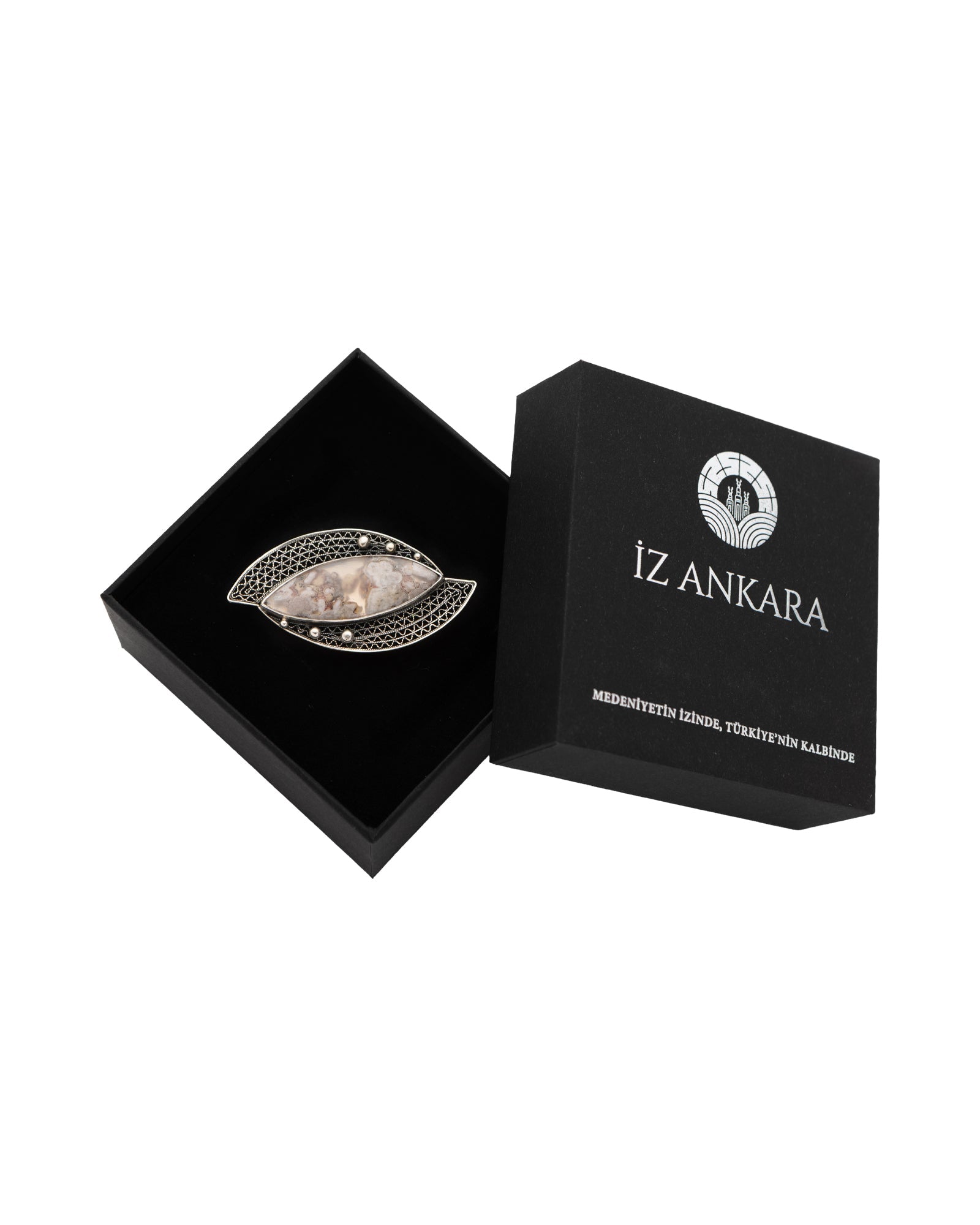 Brown - Beige Eye Shaped Agate Stone Filigree Brooch - 2101 2976 - izankara